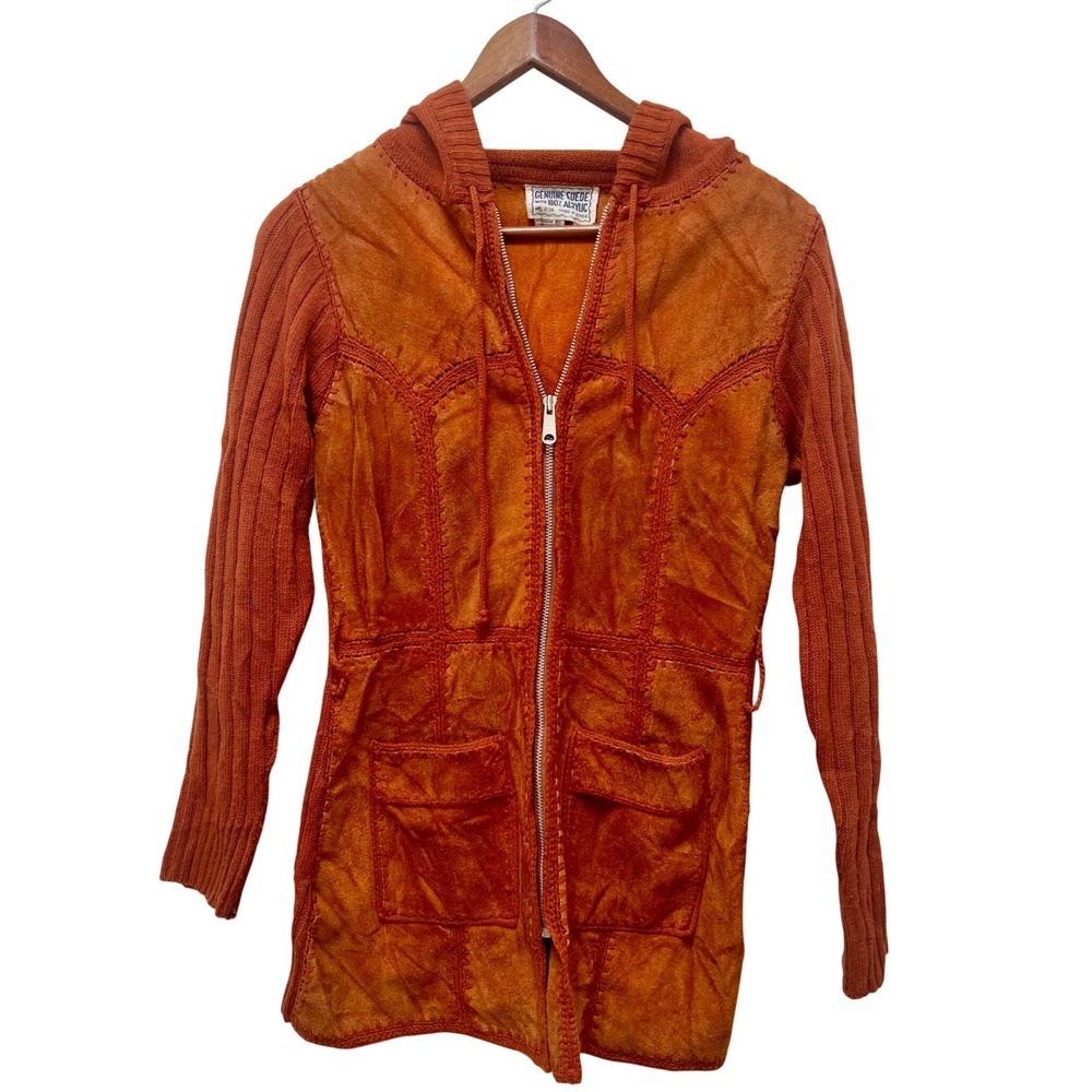 Vintage 70s Genuine Suede Ribbed Knit Hooded Jacket Burnt Orange M Boho Retro